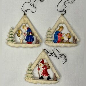 VINTAGE West Germany Ges. Gesch 3D Ornaments. Set of 3. Santa, Manger, Angel